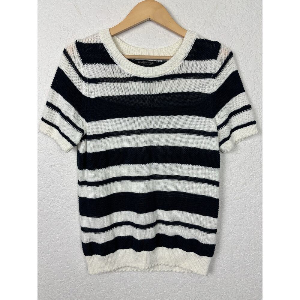 Banana Republic 100% Linen Open Knit Sweater Sz Medium Navy White Coastal Beach‎